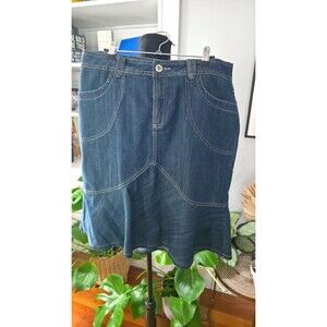 Christopher & Banks Blue Solid Denim Stretch A-Line Knee Skirt Pockets 12